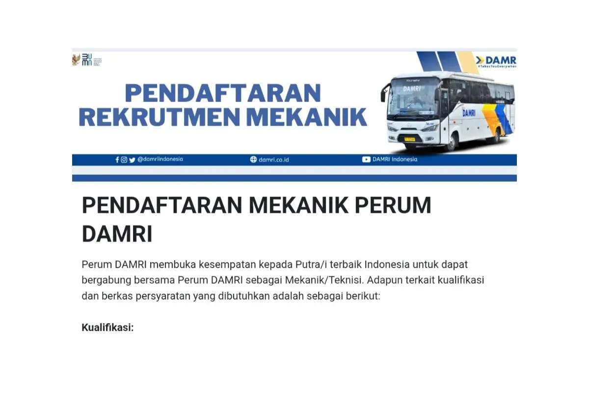 Lowongan kerja mekanik DAMRI 2025. (Sumber: Istimewa)