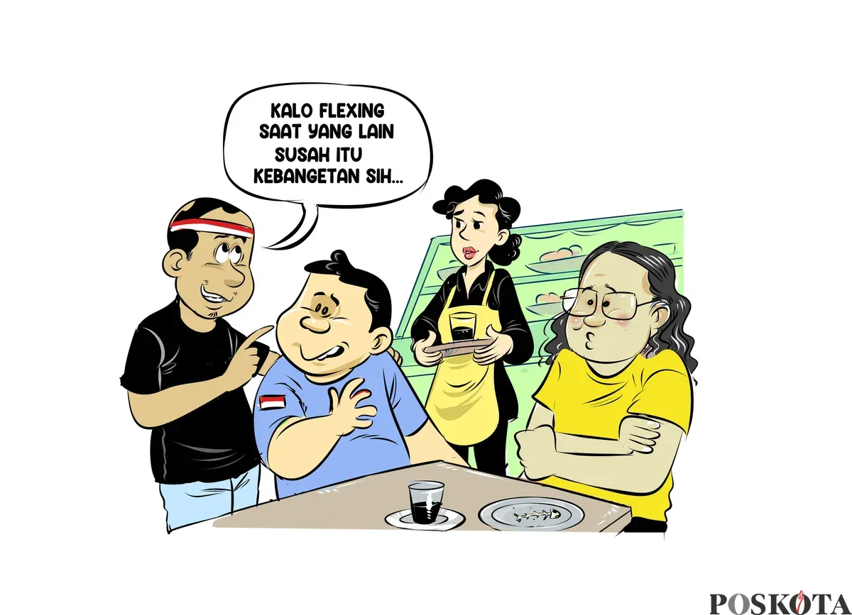 Ilustrasi obrolan warteg tentang usulan UU Anti-Flexing. Warga menilai pamer kemewahan saat banyak orang kesulitan hidup dianggap kebangetan dan bisa memicu kecemburuan sosial. (Sumber: Poskota/Arif Setiadi)