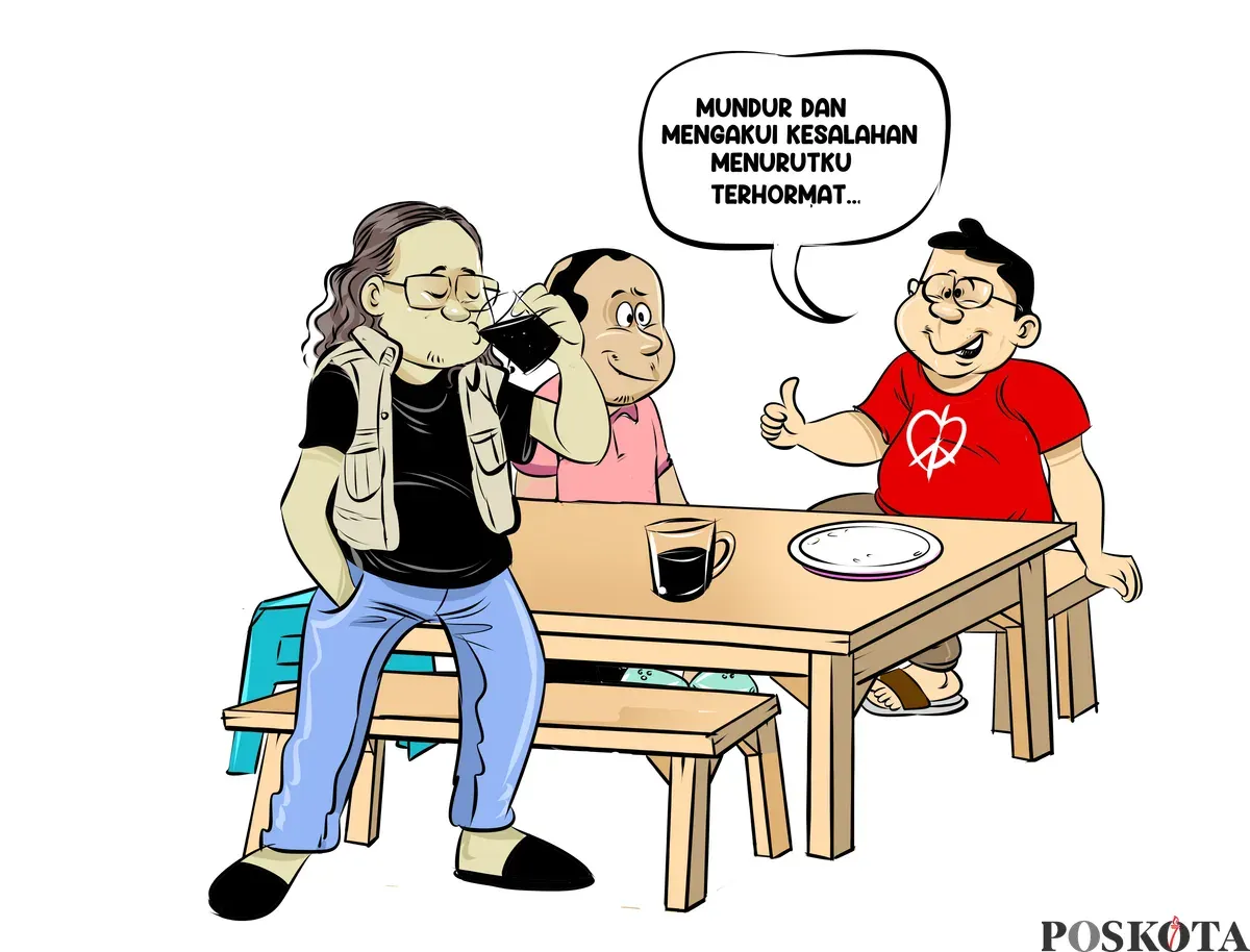 Ilustrasi obrolan warteg tiga sahabat membahas pengunduran diri Rahayu Saraswati dari DPR RI, yang dinilai sebagai langkah terhormat penuh tanggung jawab. (Sumber: Poskota/Arif Setiadi)