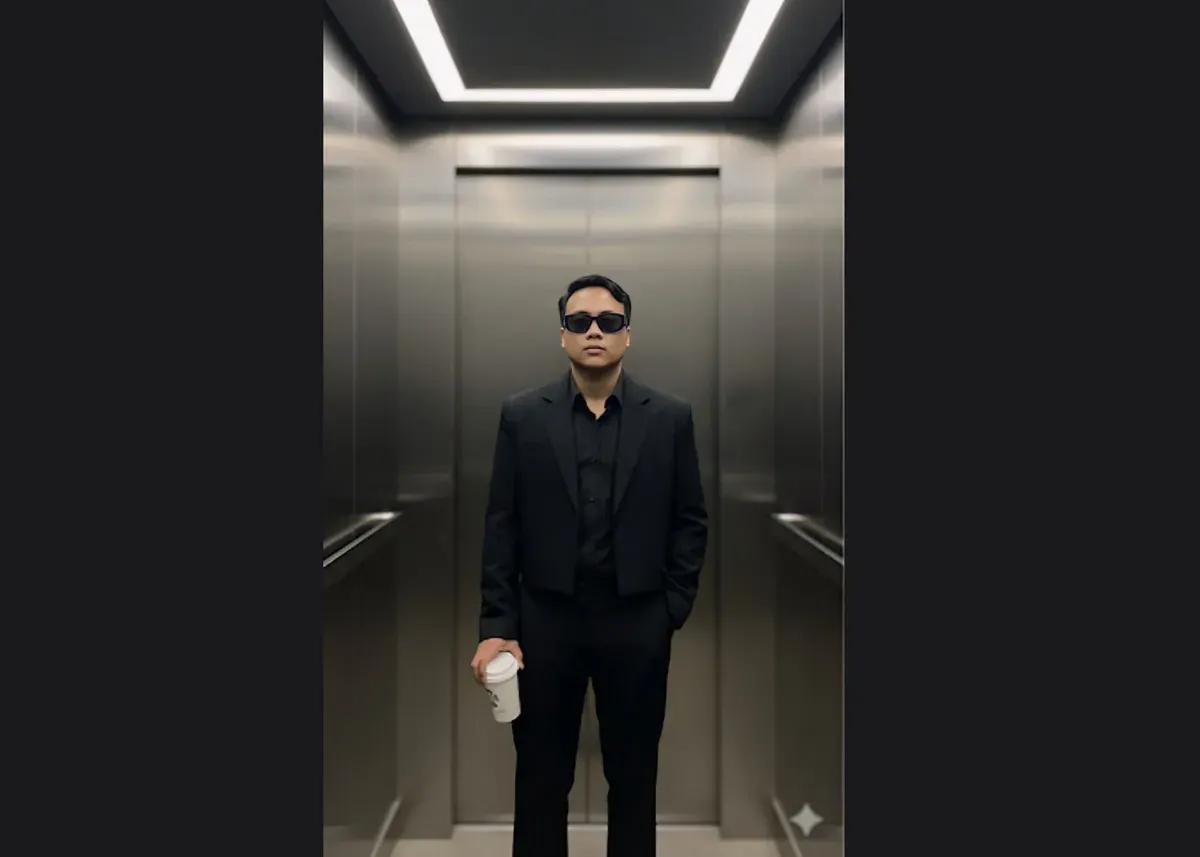 Contoh prompt Gemini AI edit foto jas di lift yang sedang viral (Sumber: X/@idabgsantika)