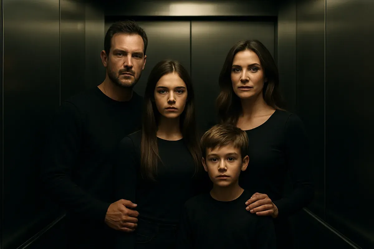 Ilustrasi foto keluarga dalam lift viral pakai AI ChatGPT. (Sumber: Poskota/ChatGPT)