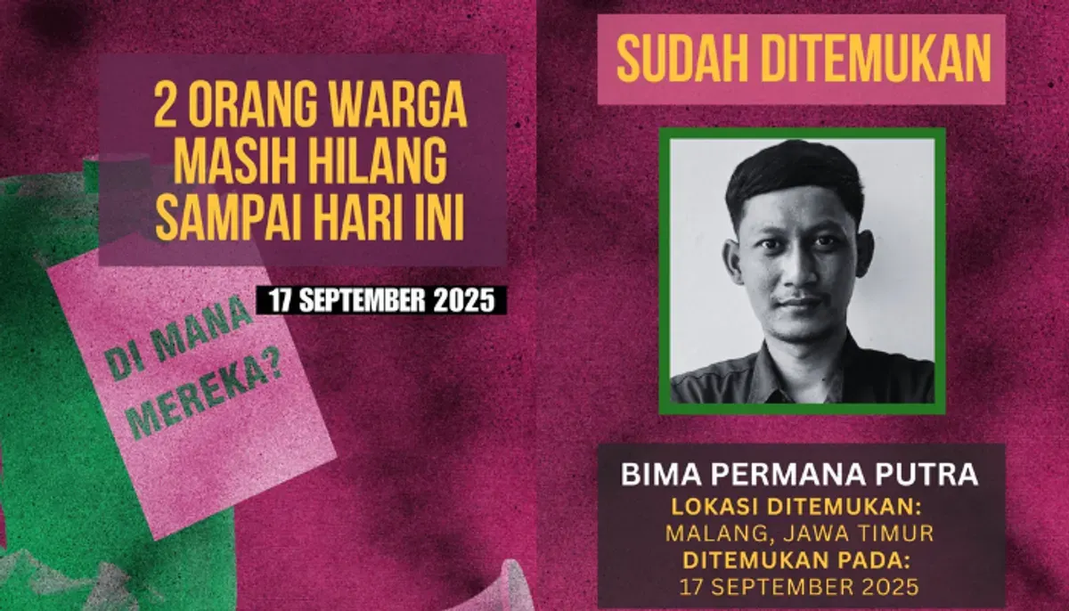 Ditemukan di Malang! Kabar terbaru soal Bima Permana Putra, satu dari tiga orang yang dilaporkan KontraS hilang pasca demonstrasi ricuh Jakarta akhir Agustus 2025. (Sumber: X/@KontraS)
