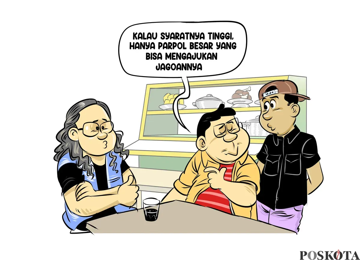 Ilustrasi obrolan warteg: tiga sahabat berdiskusi soal tingginya syarat pencalonan yang hanya menguntungkan partai besar. (Sumber: Poskota/Arif Setiadi)
