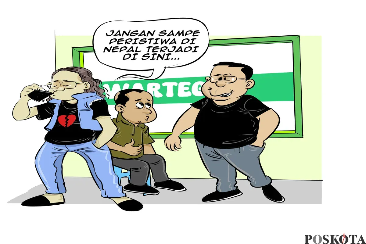 Ilustrasi obrolan warteg: Tiga sahabat berdiskusi soal demonstrasi berdarah di Nepal, mengingatkan agar peristiwa serupa tidak terjadi di Indonesia. (Sumber: Poskota/Arif Setiadi)