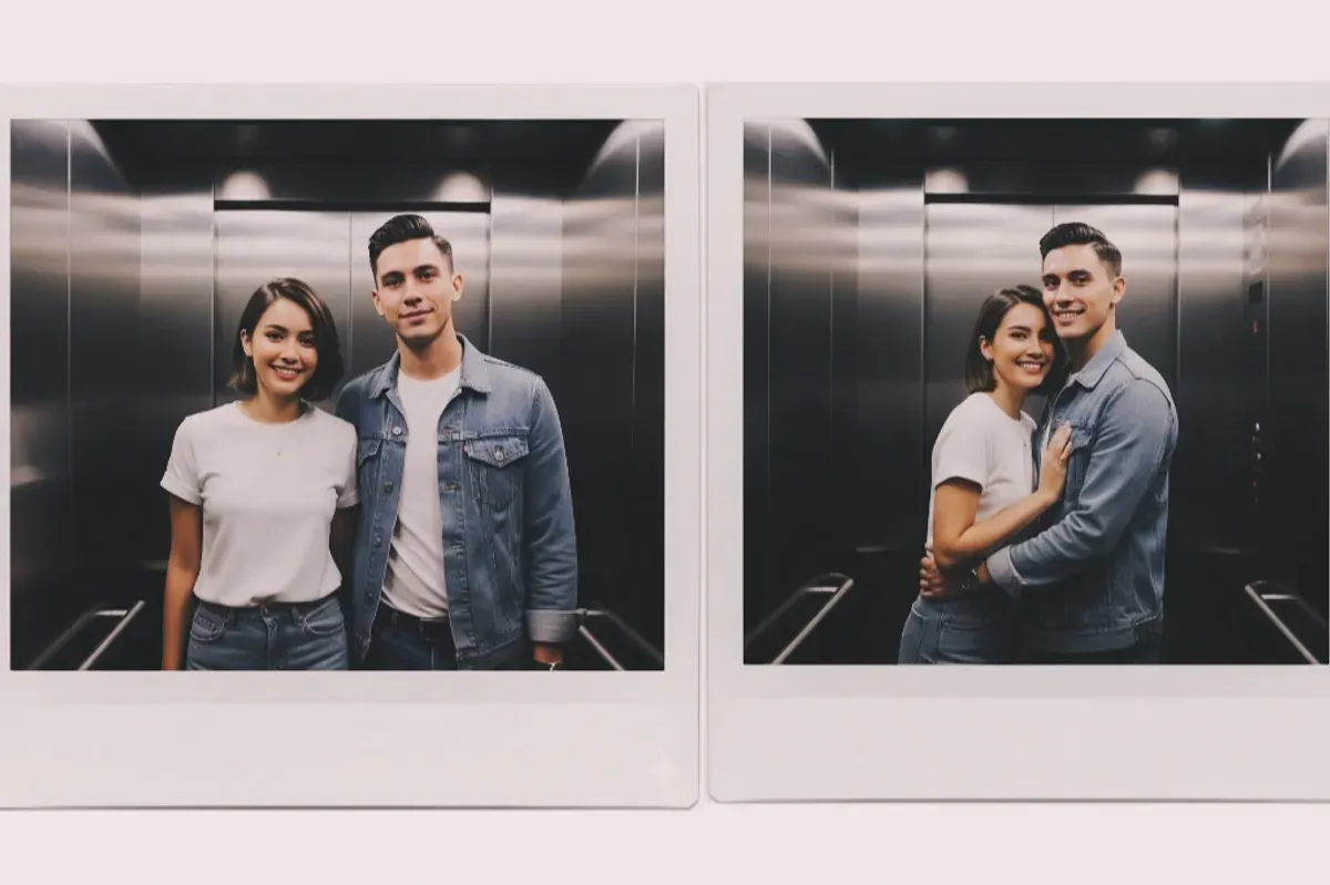 Hasil edit foto polaroid bareng pasangan di dalam lift pakai Gemini AI. (Sumber: Gemini AI)