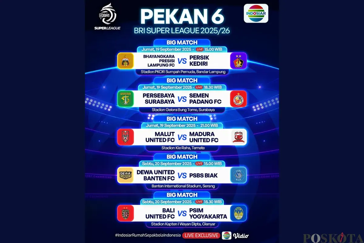Jadwal BRI Super League Hari Ini Jumat 19 September 2025, Ada Persebaya vs Semen Padang (Sumber: Instagram/sports.indosiar/Edited Muhammad Ibrahim)
