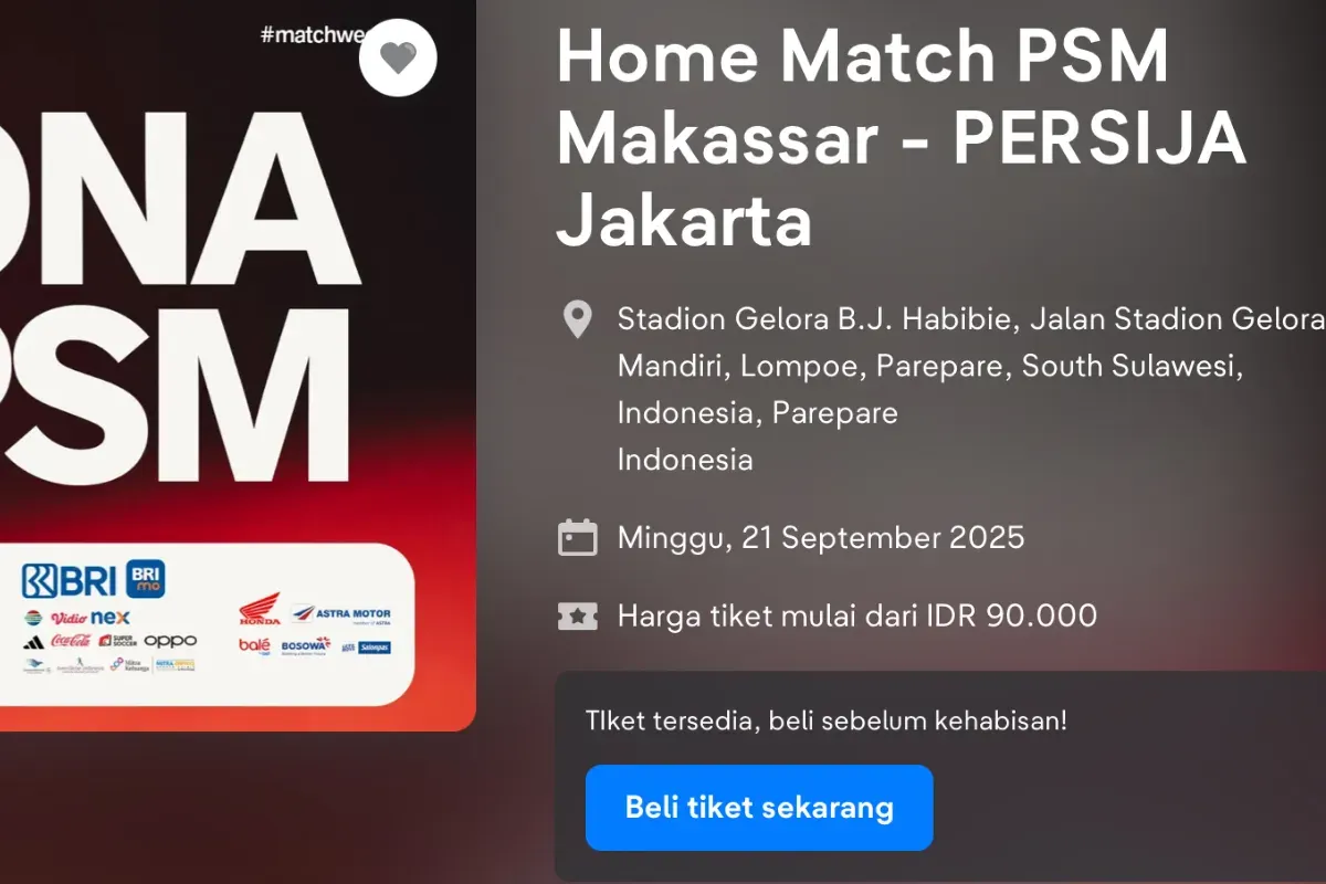 Ilustrasi harga tiket pertandingan PSM Makassar vs Persija Jakarta. (Sumber: Tiket.com)