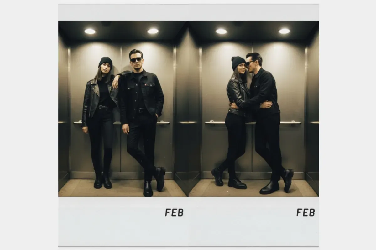 Hasil edit foto bareng pacar dengan konsep polaroid di lift menggunakan AI Gemini. (Sumber: Gemini AI)