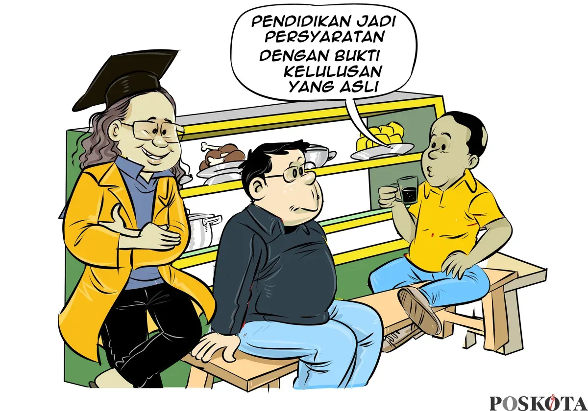 Ilustrasi obrolan warteg membahas pentingnya pendidikan sebagai syarat pencalonan dengan bukti kelulusan yang sah dan asli. (Sumber: Poskota/Arif Setiadi)