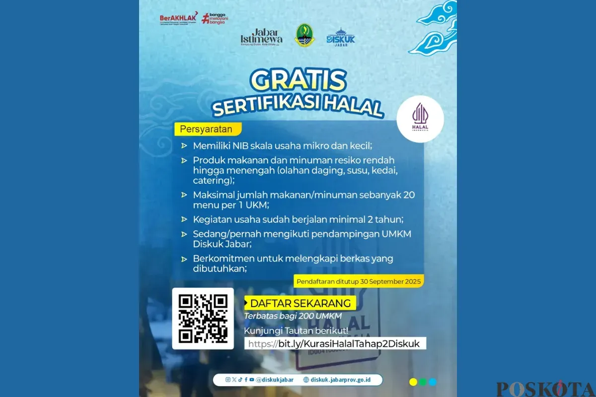 Pendaftaran Sertifikasi Halal Gratis dari Dinas Koperasi dan Usaha Kecil Jabar, Cek di Sini (Sumber: Instagram/diskukjabar)