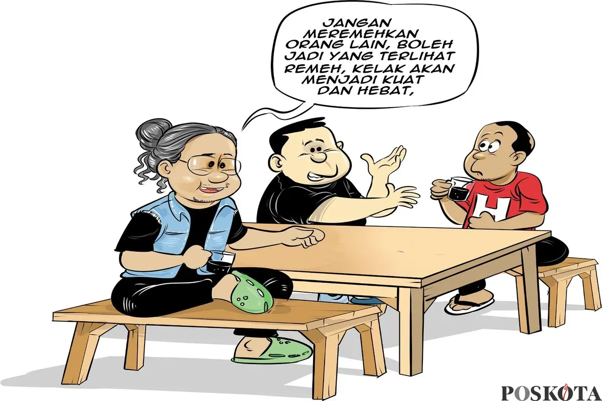 Ilustrasi obrolan warteg, tiga sahabat saling berbagi pandangan tentang pentingnya menghargai orang lain dan tidak meremehkan siapa pun. (Sumber: Poskota/Arif Setiadi)