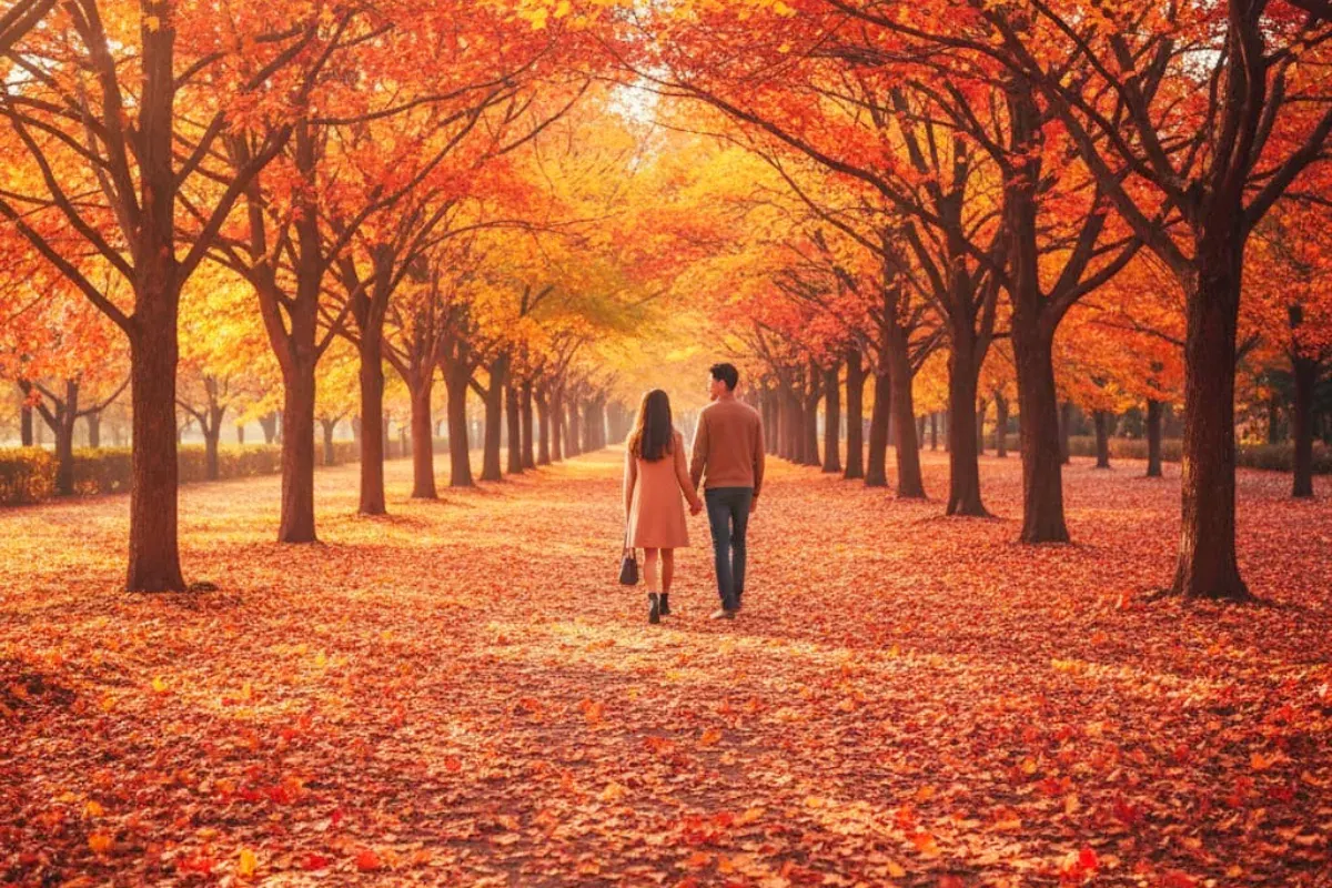 Ilustrasi foto Gemini AI musim gugur di Nami Island, Korea Selatan. (Sumber: Poskota/Gemini AI)