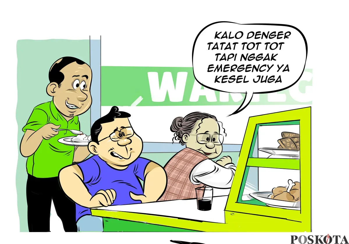 Ilustrasi obrolan di warteg menyinggung keresahan masyarakat soal sirine dan strobo kendaraan yang kerap dipakai tidak pada kondisi darurat. (Sumber: Poskota/Arif Setiadi)