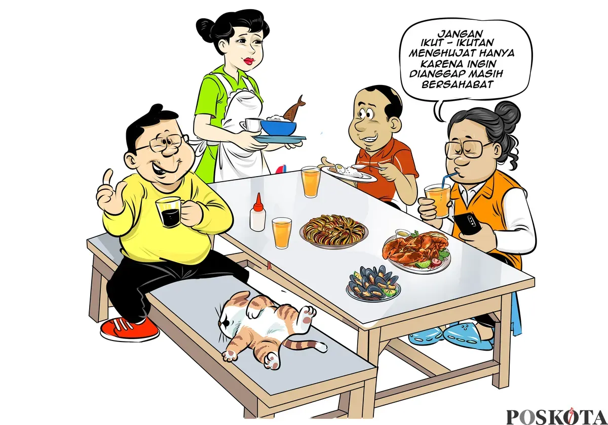 Suasana akrab di sebuah warteg menjadi saksi perbincangan hangat antara Bung Heri, mas Bro, dan Yudi. Dalam diskusi tersebut, mereka menekankan pentingnya untuk tidak ikut-ikutan menghujat di era digital. (Sumber: Poskota/Arif Setiadi)