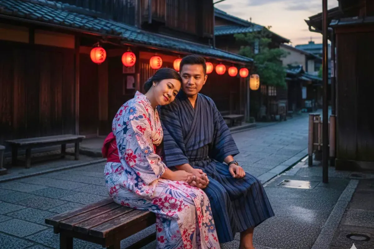 Ilustrasi foto Gemini AI di Jepang bersama pasangan. (Sumber: Poskota/Gemini AI)