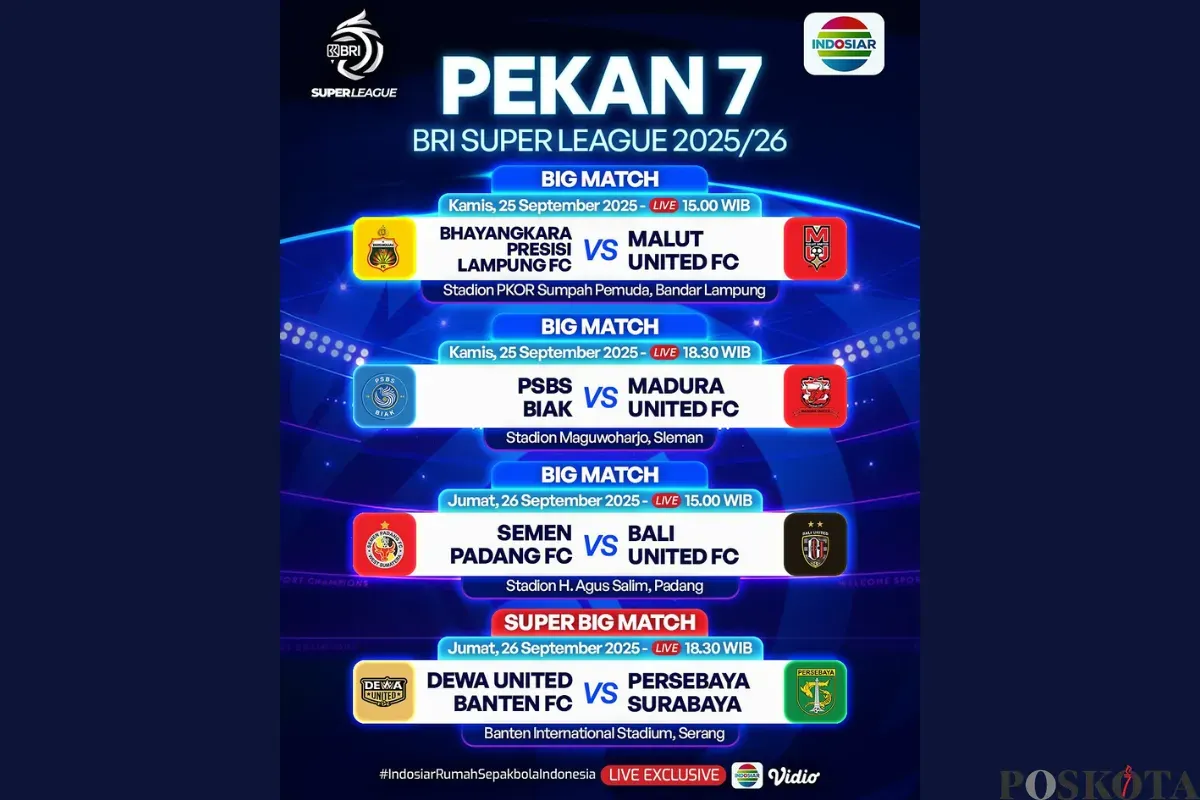 Jadwal BRI Super League Hari Ini Kamis 25 September 2025, Ada Bhayangkara FC vs Malut United (Sumber: Instagram/sports.indosiar/Edited Muhammad Ibrahim)