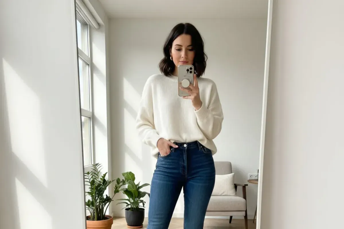 Ilustrasi foto Gemini AI mirror selfie pakai iPhone 17. (Sumber: Poskota/Gemini AI)