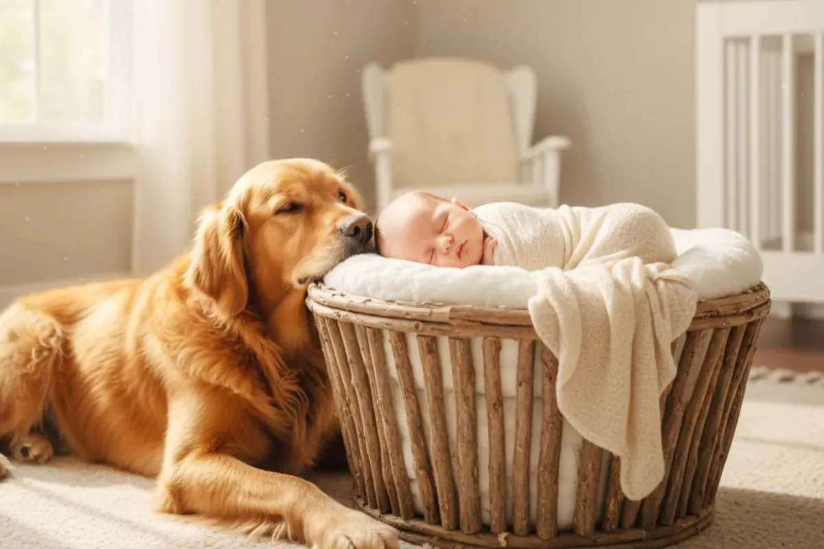 Ilustrasi foto bayi newborn dengan hewan peliharaan buatan Gemini AI. (Sumber: Poskota/Gemini AI)