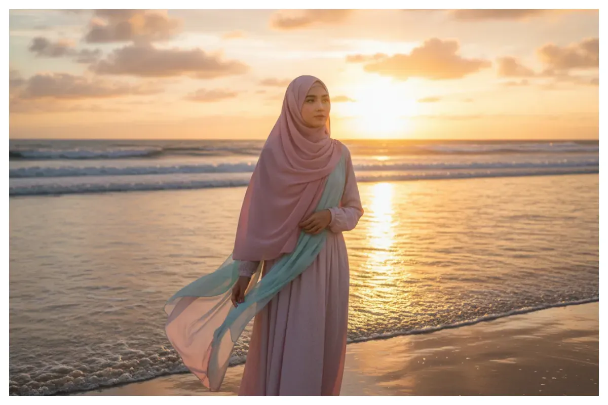 Kumpulan prompt dan langkah edit foto menggunakan Gemini AI dengan tema wanita berhijab di pantai saat sunset untuk dijadikan inspirasi. (Sumber: Freepik)
