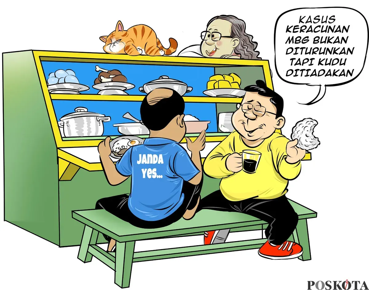 Ilustrasi obrolan warteg membahas program Makan Bergizi Gratis (MBG). Publik menekankan, kasus keracunan bukan sekadar diturunkan tapi harus dihapuskan demi keselamatan penerima manfaat. (Sumber: Poskota/Arif Setiadi)
