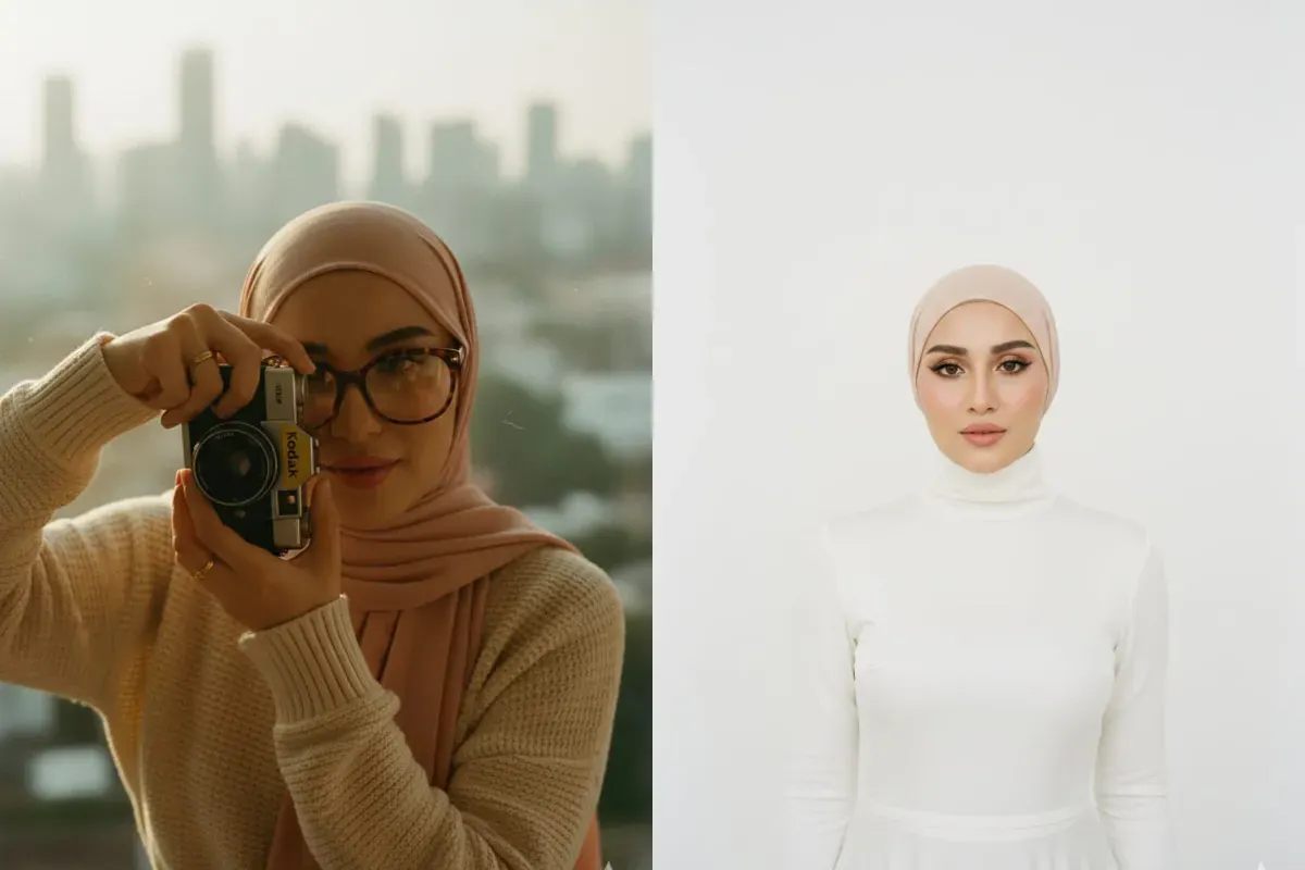 Ilustrasi edit foto hijab elegan dengan Gemini AI. (Sumber: Poskota/Gemini AI)