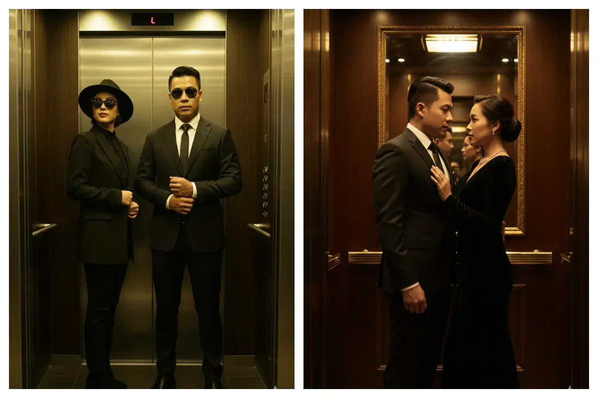 Hasil edit prompt Gemini AI foto pasangan bergaya mafia di lift. (Sumber: Freepik/pressfoto)