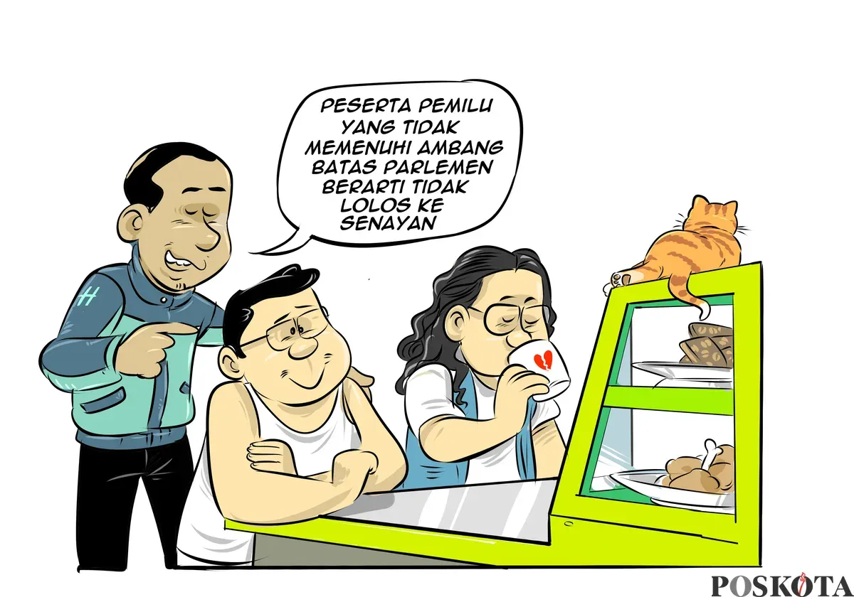 Ilustrasi obrolan warteg: Bung Heri, Mas Bro, dan Bang Yudi membahas ambang batas parlemen dan wacana hadirnya Fraksi Rakyat di Senayan. (Sumber: Poskota/Arif Setiadi)