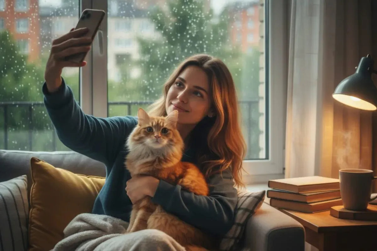Ilustrasi foto bareng kucing buatan Gemini AI. (Sumber: Poskota/Gemini AI)
