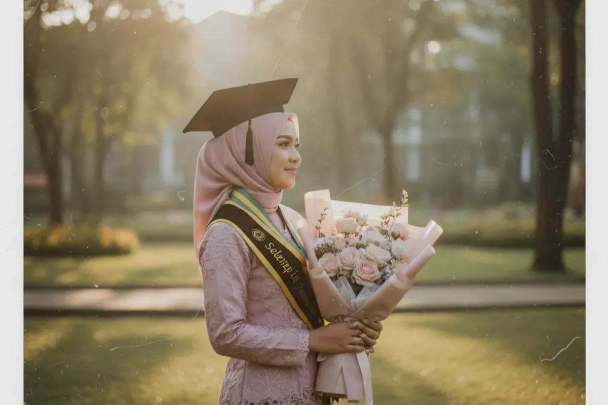 Foto wisuda estetik mirip polaroid yang dibuat menggunakan prompt Gemini AI. (Sumber: Gemini AI)