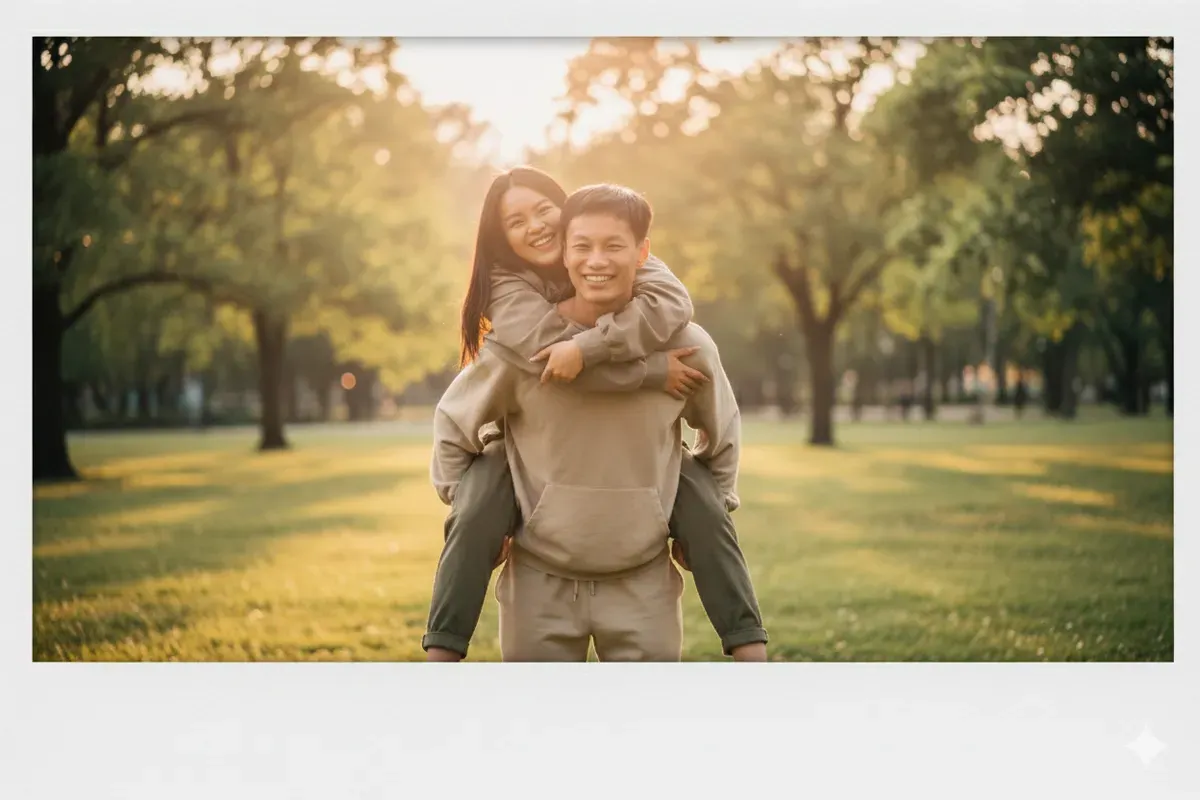 Hasil edit prompt Gemini AI foto polaroid pasangan sambil berpelukan. (Sumber: Freepik)