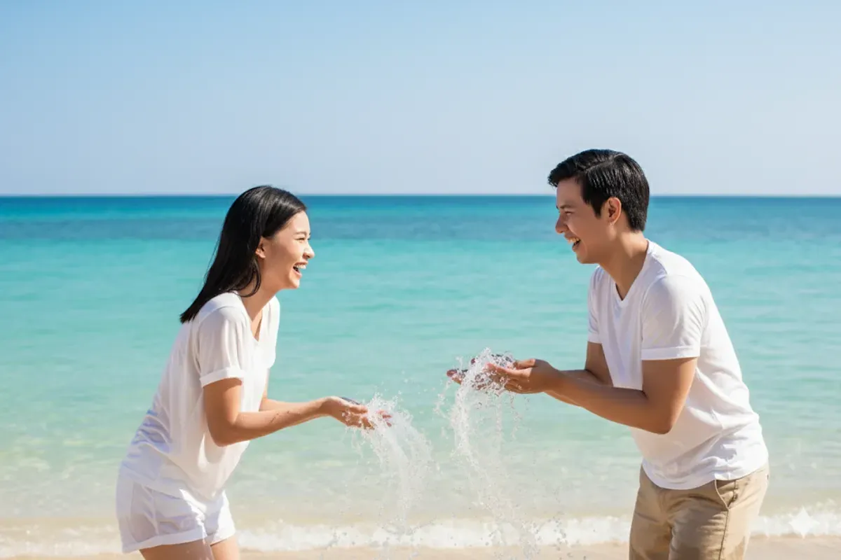 Hasil edit prompt Gemini AI foto liburan romantis di pantai bareng pasangan. (Sumber: Freepik/jcomp)