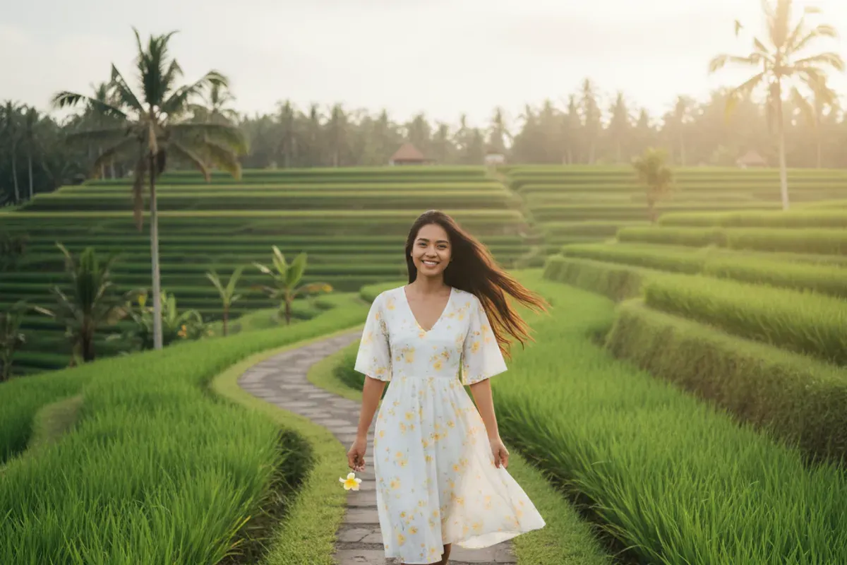 Hasil edit foto dengan prompt Gemini AI untuk mendapatkan foto mirip liburan di Ubud, Bali. (Sumber: Gemini AI)