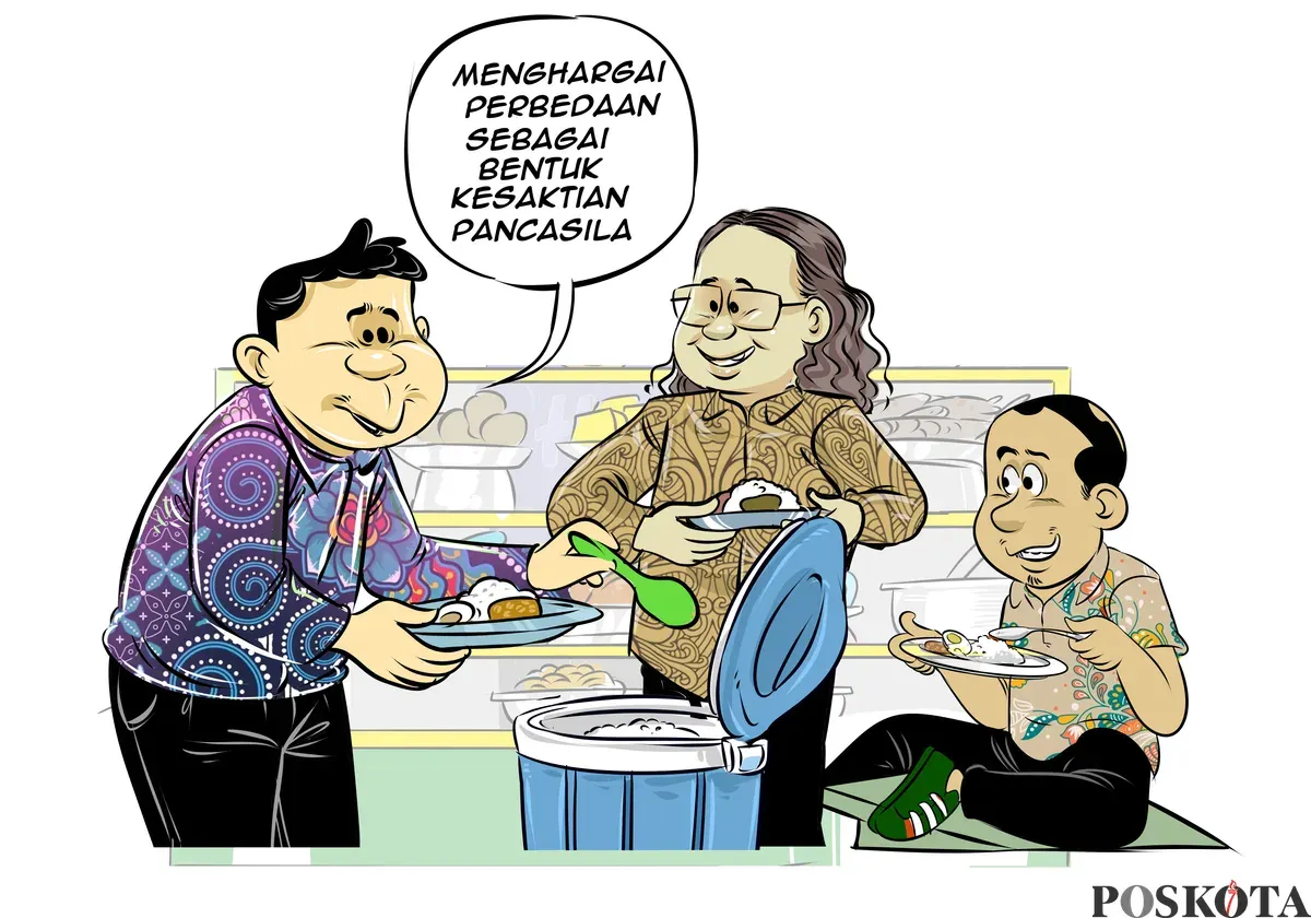 Ilustrasi obrolan warteg Bung Heri, Mas Bro, dan Bang Yudi yang menekankan pentingnya menghargai perbedaan sebagai wujud pengamalan nilai Pancasila pada peringatan Hari Kesaktian Pancasila. (Sumber: Poskota/Arif Setiadi)