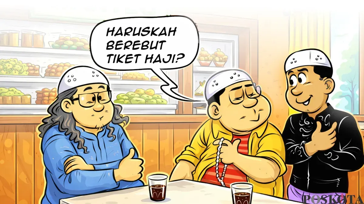 Ilustrasi Obrolan Warteg terkait wacana war tiket haji. (Sumber: Poskota/Arif Setiadi)