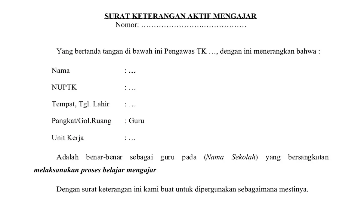 Ilustrasi contoh surat keterangan mengajar tenaga pendidik aktif dalam kegiatan belajar mengajar. (Sumber: Istimewa)