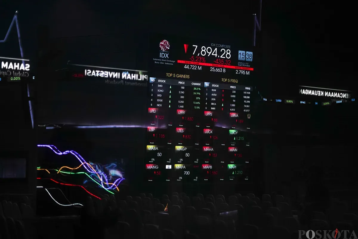 Pengunjung memantau layar digital pergerakan Indeks Harga Saham Gabungan (IHSG) di Bursa Efek Indonesia, Jakarta, Senin, 2 Februari 2026. (Sumber: Poskota/Bilal Nugraha Ginanjar)
