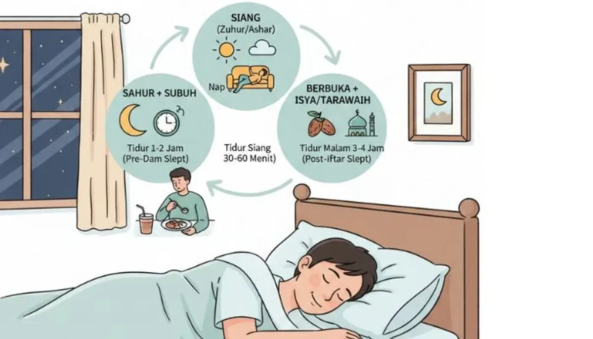 Ilustrasi. Tips mengatur pola tidur saat puasa Ramadan agar tubuh tetap bugar, fokus, dan produktif. (Sumber: Poskota/AI Generated)