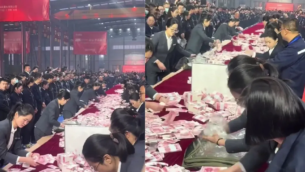 Tumpukan uang tunai lebih dari 60 juta yuan memenuhi meja utama gala tahunan Henan Mining Group, menciptakan fenomena “gunung uang” yang viral di media sosial. (Sumber: Instagram/@nowdots)