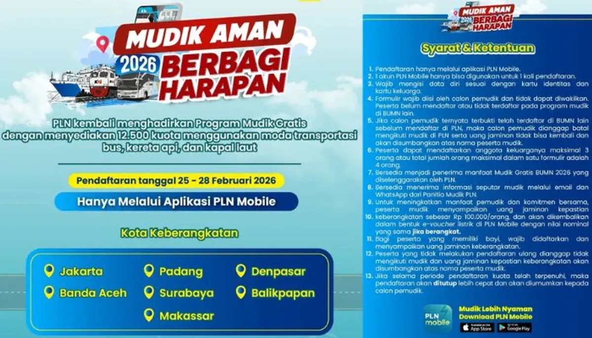 Program Mudik Gratis PLN 2026 resmi dibuka dengan pendaftaran online 25-28 Februari. (Sumber: Instagram/@pln_id)