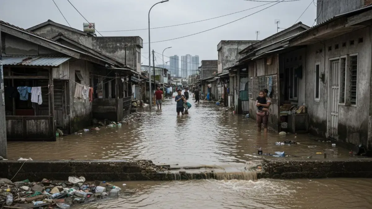 Ilustrasi banjir rob di kawasan pesisir Jakarta. (Sumber: Gemini AI)