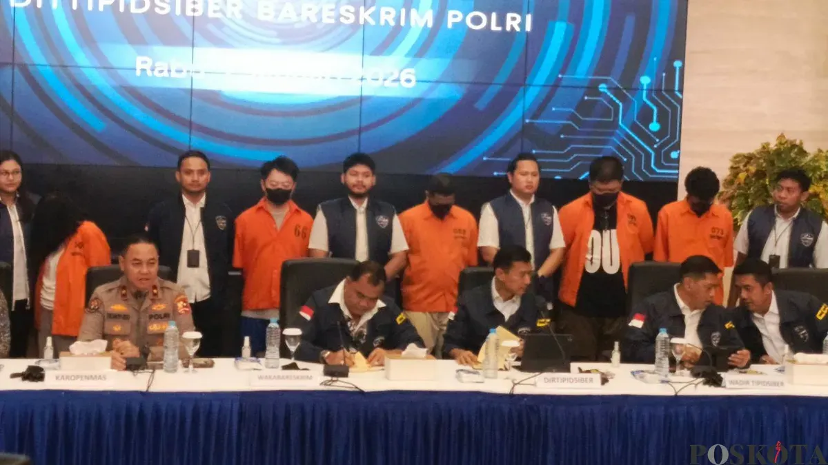 Konferensi pers Kepolisian Republik Indonesia terkait pemberantasan praktik judi online (Judol) di di Gedung Bareskrim Polri, Jakarta Selatan, Rabu, 7 Januari 2026. (Sumber: Poskota/Ali Mansur)