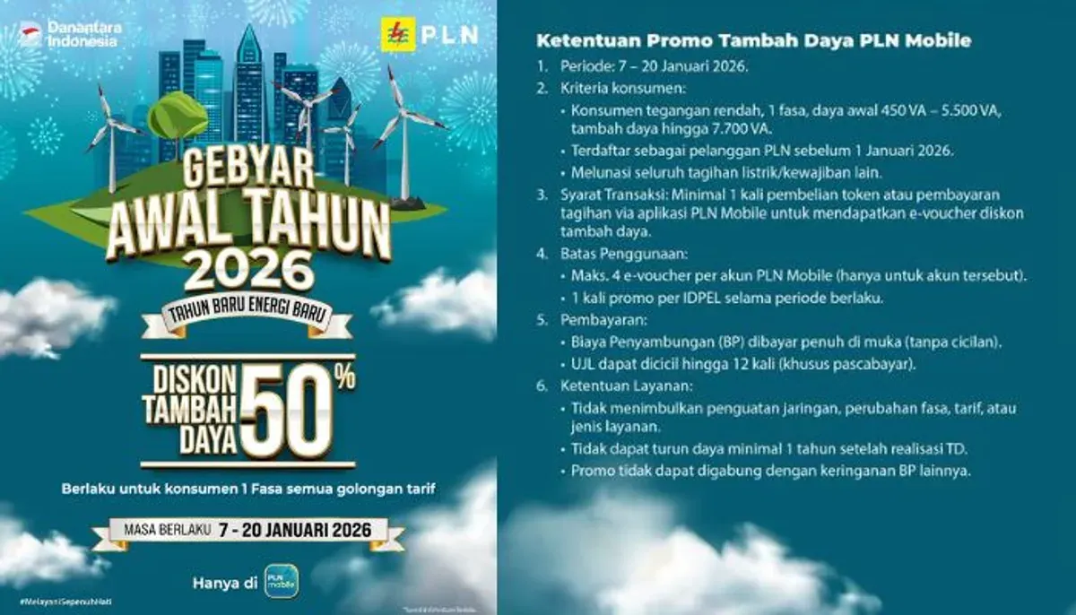 Gebyar Awal Tahun 2026 dari PLN, nikmati potongan setengah biaya tambah daya listrik. Periode terbatas 7-20 Januari. Pelajari langkah-langkah klaim dan tabel rincian tarif diskon. (Sumber: Instagram/@pln123_official)