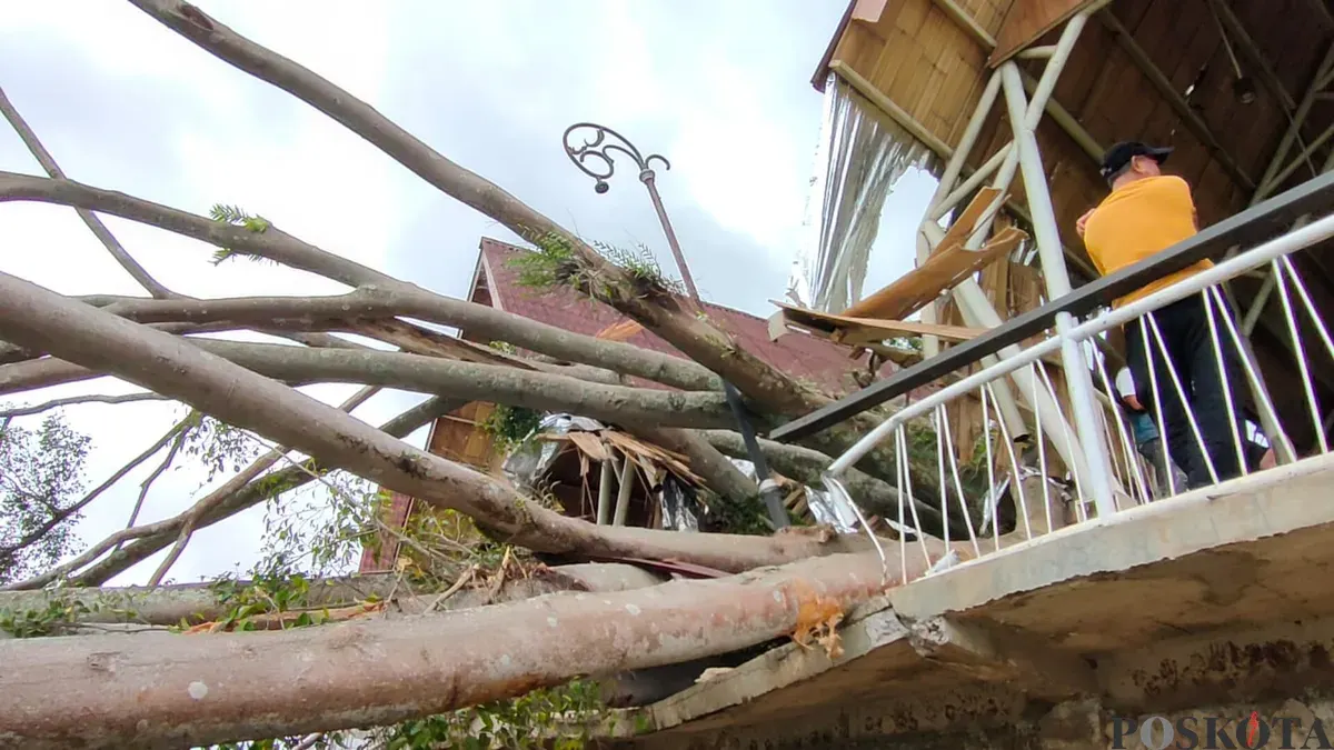 Pohon beringin tua ambruk menimpa Warung, di Kecamatan Padalarang, Kabupaten Bandung Barat, Kamis 22 Januari 2026. (Sumber: Poskota/Gatot Poedji Utomo)