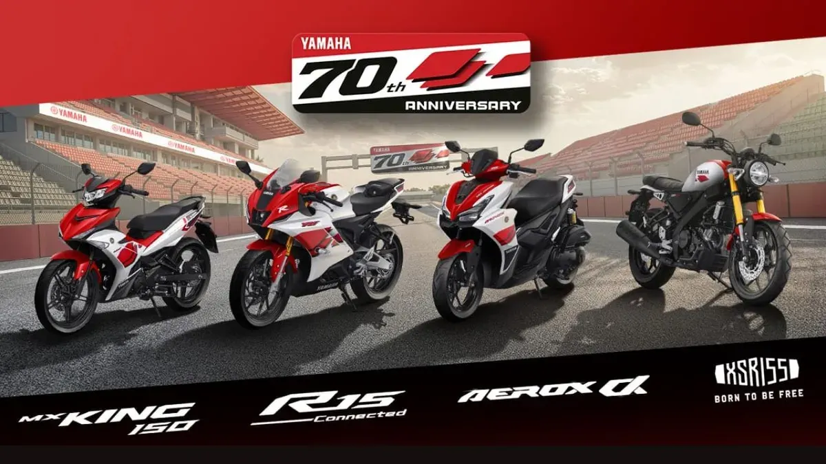 Yamaha merayakan ulang tahun ke-70 dengan menghadirkan livery spesial pada MX King 150, Aerox Alpha Turbo, R15M Connected/ABS, dan XSR 155. (Sumber: Yamaha)