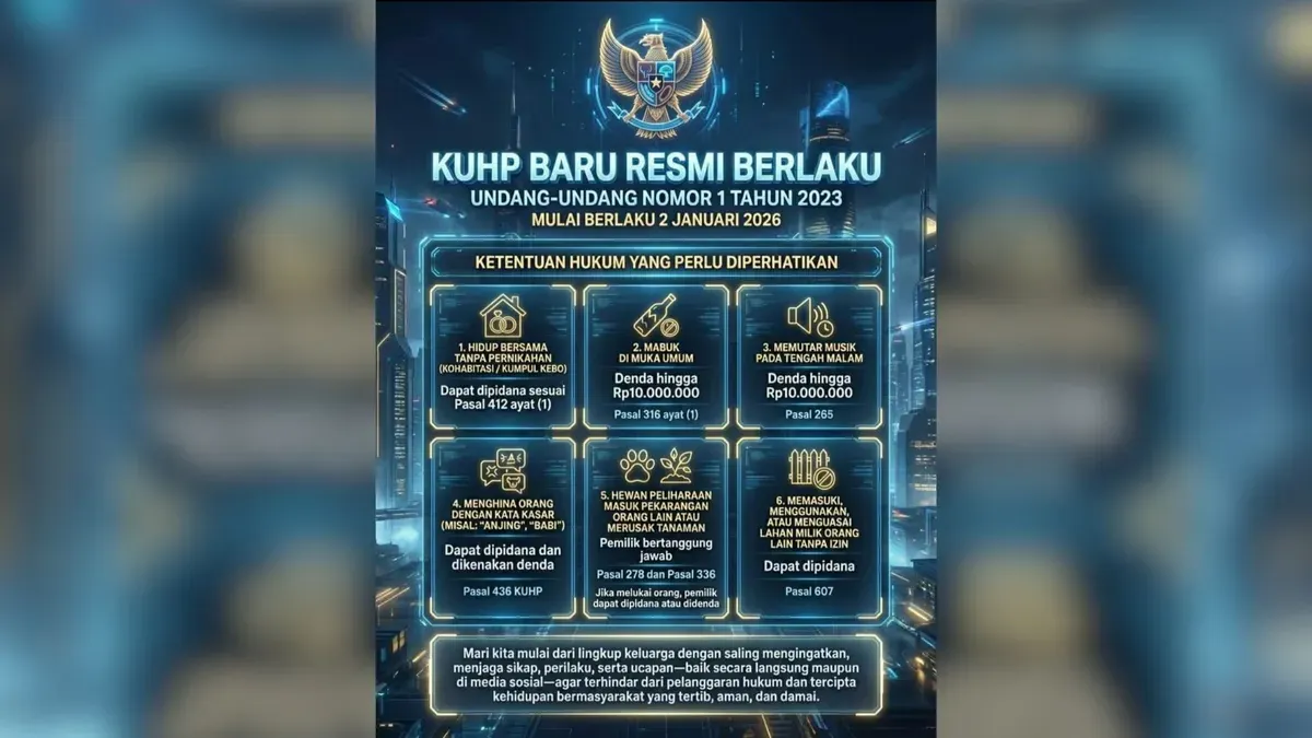 Infografik sosialisasi pemerintah mengenai pemberlakuan KUHP baru berdasarkan Undang-Undang Nomor 1 Tahun 2023 yang mulai efektif pada 2 Januari 2026. (Sumber: Instagram)