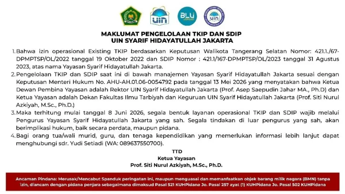 Maklumat Pengelolaan TKIP dan SDIP UIN Syarif Hidayatullah Jakarta. (Sumber: UIN Jakarta)