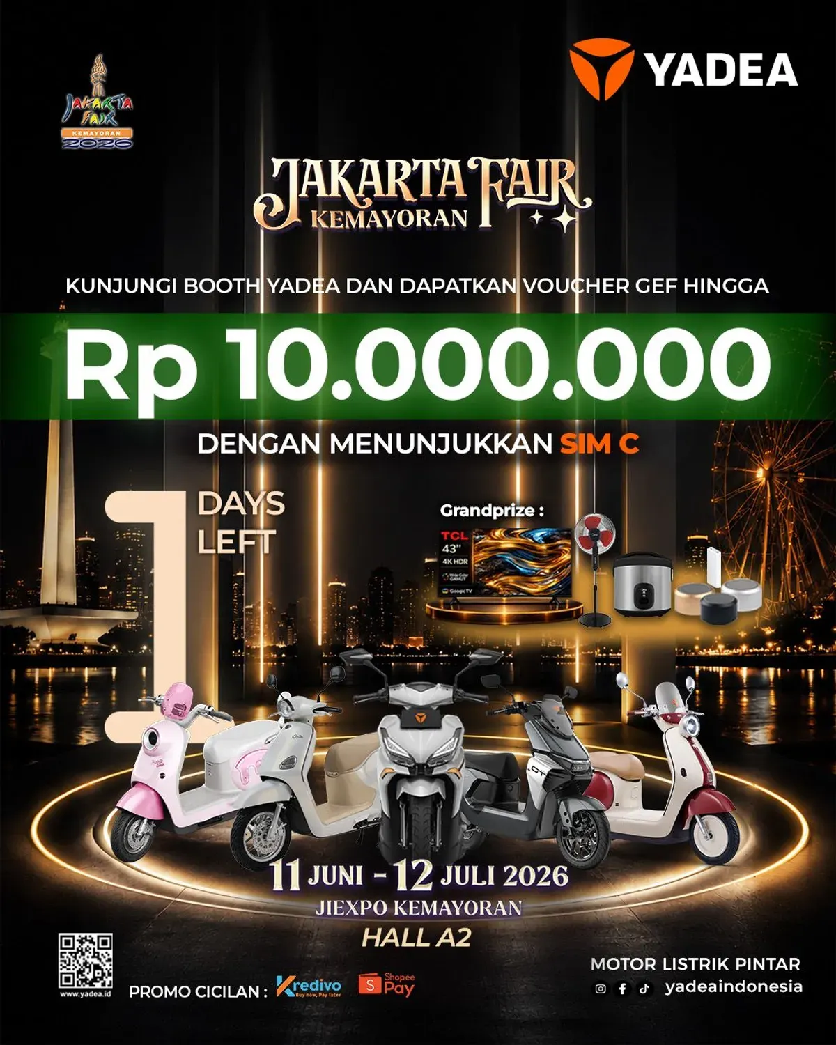Yadea memberikan kemudahan untuk pembelian hingga Rp10 juta untuk sejumlah model kendaraan listrik (Sumber: Yadea)