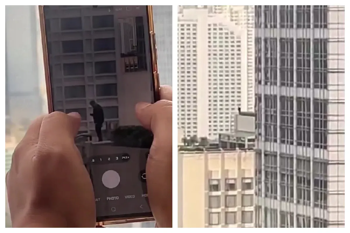Tangkapan layar video viral yang memperlihatkan sosok pria berdiri di pinggir rooftop gedung tinggi di kawasan Jakarta Pusat saat aksi demonstrasi mahasiswa, pada Jumat, 12 Juni 2026. (Sumber: Threads/@gabriellaocv)