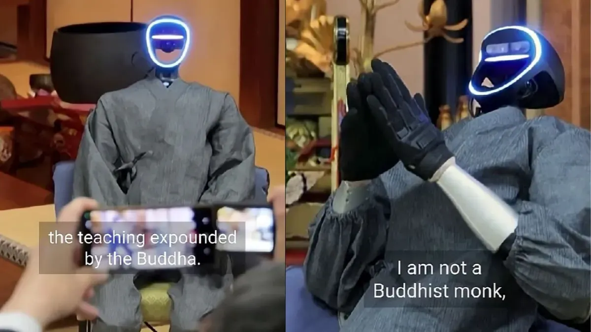 Robot biksu AI Buddharoid karya Kyoto University melakukan demonstrasi dengan posisi tangan berdoa saat diperkenalkan kepada media di Jepang, Februari 2026. (Sumber: Instagram/@buddhazine)