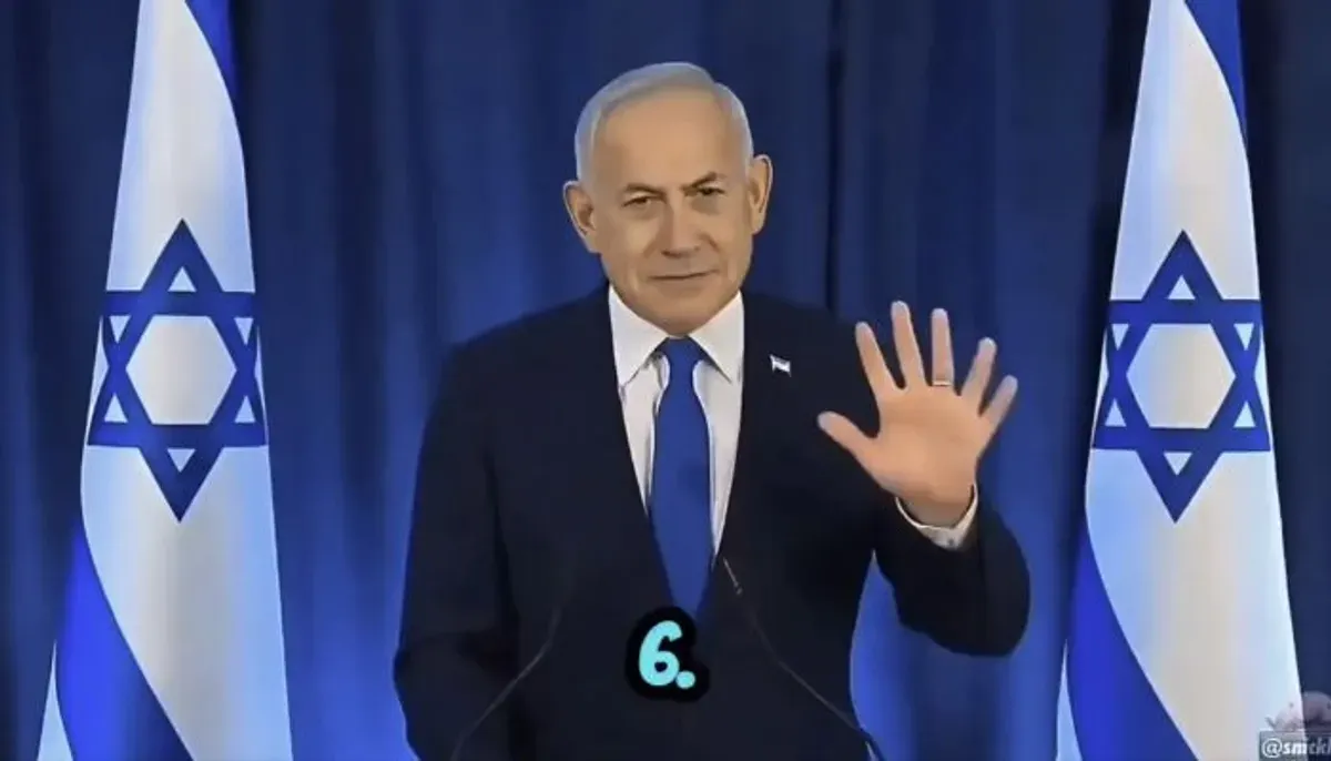 Rumor Benjamin Netanyahu meninggal dunia viral di media sosial setelah video konferensi pers menunjukkan 6 jari di tangannya. (Sumber: X/@kafiradikalis)